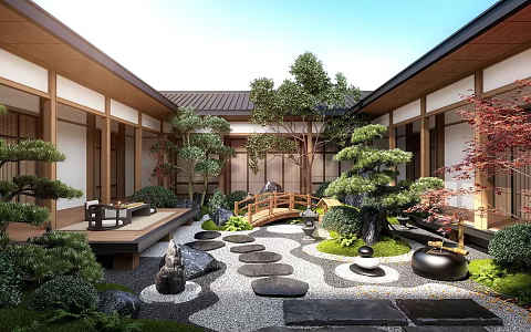 New Chinese Courtyard Landscape Home Courtyard Villa Courtyard Landscape Sparkment Landscape Wall Waterscape Wall Outdoor Sofa Outdoor Dining Table Dry Landscape 3d model
