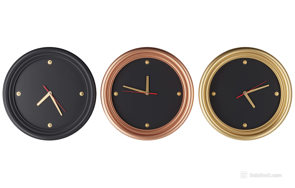 Three Modern Round Wall Clocks With Black Dials And Gold Copper Black Frames 3d model