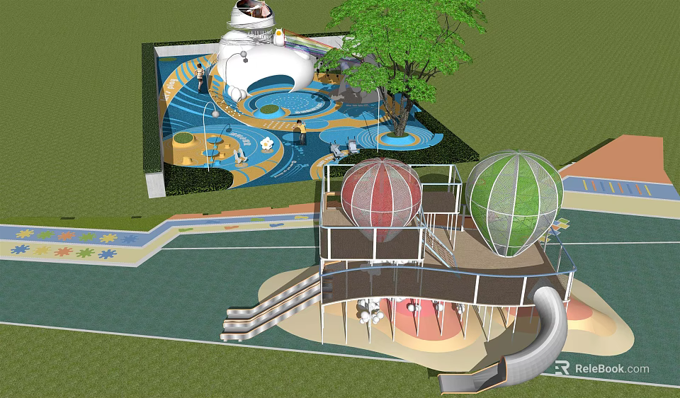 Colorful Children's Playground With Slide Hot Air Balloon Tree And Water Area 3d model 
