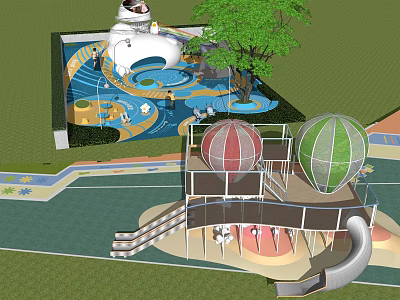 Colorful Children's Playground With Slide Hot Air Balloon Tree And Water Area 3d model