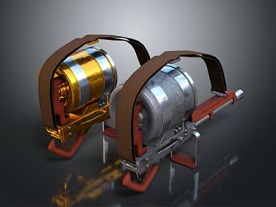 Mechanical Weapons With Golden And Silver Bodies Brown Straps And Red Metallic Bases Design 3d model