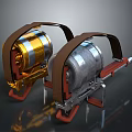 Mechanical Weapons With Golden And Silver Bodies Brown Straps And Red Metallic Bases Design