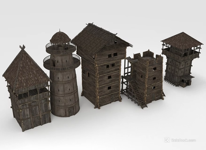 Various Medieval Wooden Towers With Different Roofs Windows And Stairs Design 3d model 