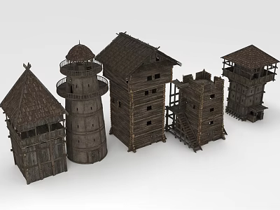 Various Medieval Wooden Towers With Different Roofs Windows And Stairs Design 3d model