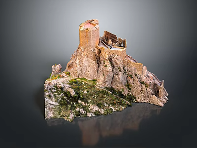 Wooden Stone Castle Model on Mountain Landscape With Green Vegetation Details 3d model