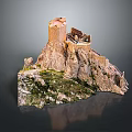 Wooden Stone Castle Model on Mountain Landscape With Green Vegetation Details