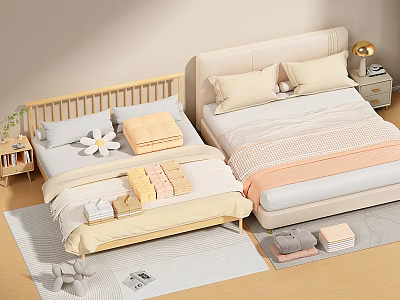 Modern Bedroom Two Beds With Soft Quilt Blanket Pillow And Cozy Linen 3d model