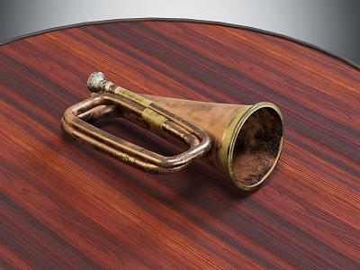 Vintage Brass Trumpet Musical Instrument on Wooden Tabletop with Worn Copper Texture 3d model