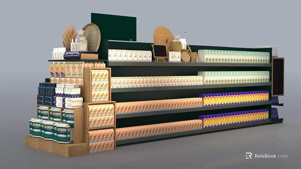 Supermarket Grocery Shelves Display Multiple Layers Of Various Products And Wicker Baskets 3d model 