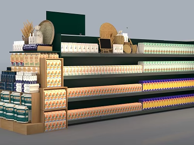 Supermarket Grocery Shelves Display Multiple Layers Of Various Products And Wicker Baskets 3d model