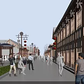 Vibrant Chinese Commercial Street with Red Lanterns Traditional Buildings and Pedestrians Walking