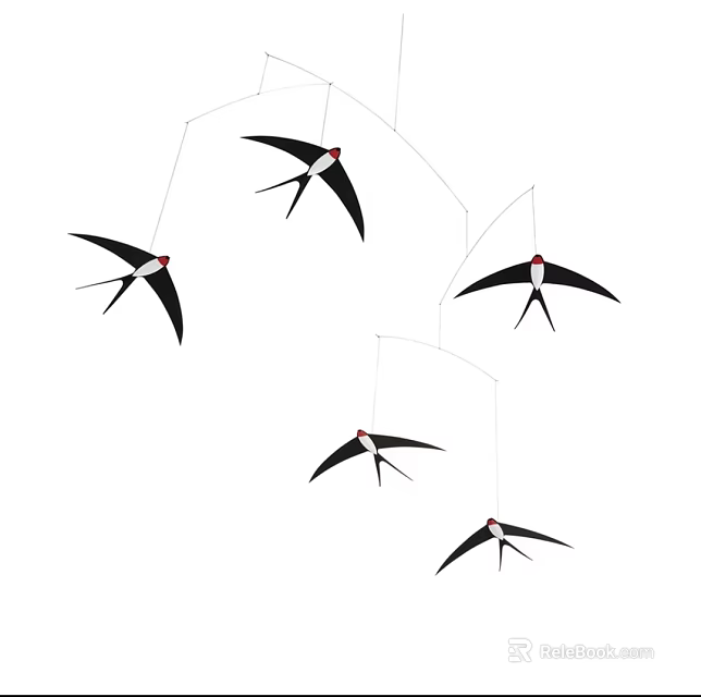 Five Black Swallow Shaped Hanging Decorations With Red Heads For Home Decor 3d model 