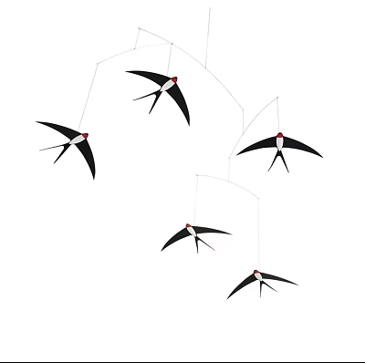 Five Black Swallow Shaped Hanging Decorations With Red Heads For Home Decor 3d model