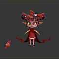 Cartoon Style Young Girl With Red Hair Pigtails Red Dress And Cape Near Red Candy