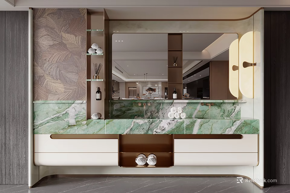Luxury Modern Bathroom Vanity With Green Marble Countertop White Cabinet And Large Mirror 3d model 