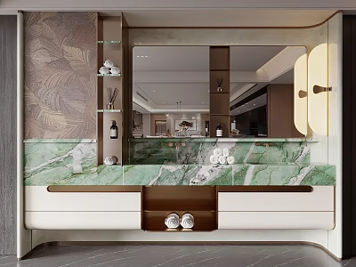 Luxury Modern Bathroom Vanity With Green Marble Countertop White Cabinet And Large Mirror 3d model