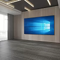 Modern Room Interior With Large Blue Screen Wooden Wall Panels Gray Floor And Ceiling Lights