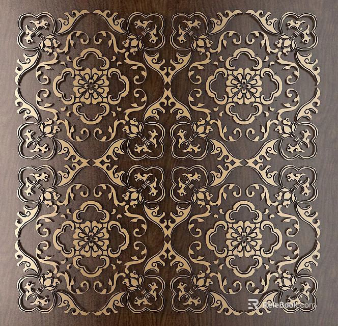 Intricate Carved Patterns On Dark Wooden Panel With Symmetrical Floral Motifs 3d model 