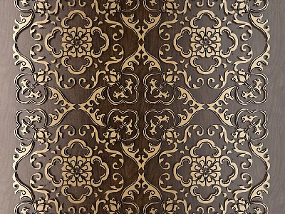 Intricate Carved Patterns On Dark Wooden Panel With Symmetrical Floral Motifs 3d model