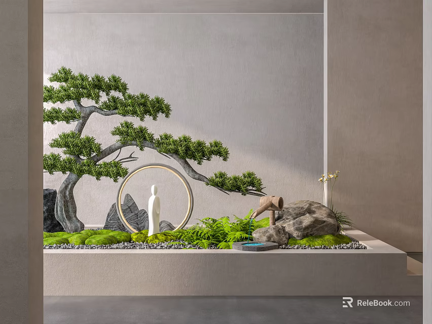 Tranquil Indoor Landscape With Lush Pine Tree Circular Ring White Statue Rocks And Water Feature 3d model