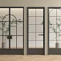 Modern Hinged Doors with Black Frames Glass Grid Design and Green Plants Interior 3d model
