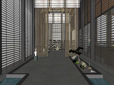 Modern Sales Office Interior With Wooden Structure Water Features And Spacious Green Corridor 3d model