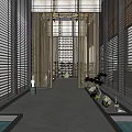 Modern Sales Office Interior With Wooden Structure Water Features And Spacious Green Corridor