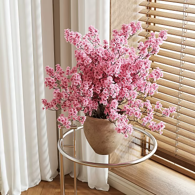 Pink Cherry Blossoms in Ceramic Vase on Metal Round Side Table with Blinds and Curtains 3d model