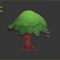 3D Rendered Tree With Green Fluffy Cloud Like Canopy And Red Trunk
