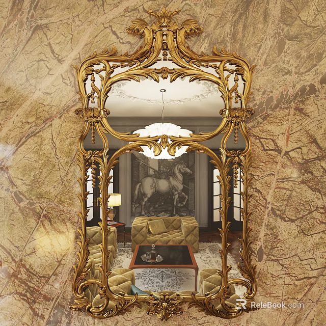Elegant Ornate Golden Frame Mirror Reflecting Living Room With Sofa Chandelier And Marble Wall 3d model 