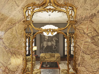 Elegant Ornate Golden Frame Mirror Reflecting Living Room With Sofa Chandelier And Marble Wall 3d model