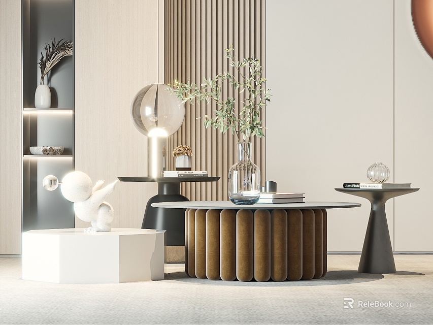 Modern Interior Elegant Coffee Table With Wooden Cylindrical Structure Plant Vase And Pendant Light 3d model 