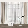 Elegant Layered Curtains Sheer Panels White Paneled Walls Wooden Floor Small Stool and Green Plant