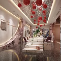 Elegant Modern Bridal Shop Interior With Wedding Dress Displays Marble Decor And Red Floral Decorations