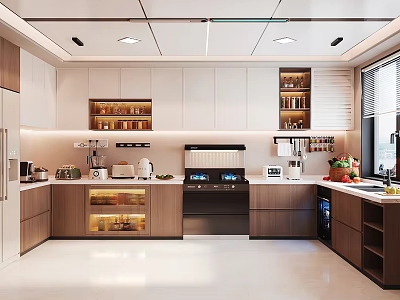 Modern Open Concept Kitchen Interior Design With Island Counter Cabinets And Appliances 3d model