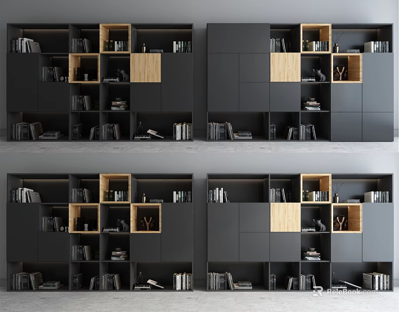 Modern Black Bookcase Design With Wooden Shelves And Open Storage Compartments 3d model 