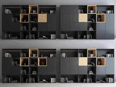 Modern Black Bookcase Design With Wooden Shelves And Open Storage Compartments 3d model