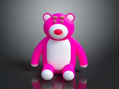 Pink Stuffed Teddy Bear Doll With White Belly Red Nose Sitting On Reflective Surface 3d model