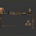 Wooden Carpentry Workbench Setup With Saw Hammer Chisel And Stacked Wooden Logs