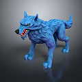Ferocious Blue Wolf Game Movie Character with Open Mouth Yellow Eyes and Fluffy Fur