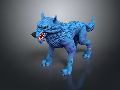 Ferocious Blue Wolf Game Movie Character with Open Mouth Yellow Eyes and Fluffy Fur 3d model