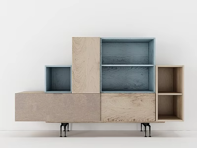 Modern Wooden Decorative Cabinet With Multi Compartment Blue Shelves And Black Legs 3d model