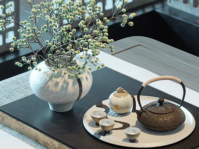 Decorative Ornament Set with White Ceramic Vase Green Branches Teapot Cups and Tray 3d model