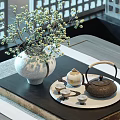 Decorative Ornament Set with White Ceramic Vase Green Branches Teapot Cups and Tray