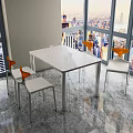 Modern White Dining Table Set With Orange Backrest Chairs And City View Through Large Windows 3d model