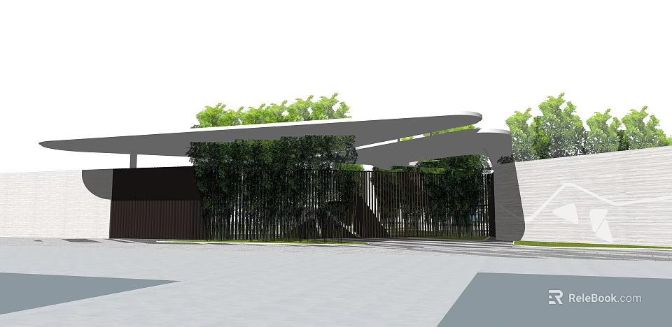 Contemporary Entrance Gate Design Featuring Vertical Greenery And Canopy Structure 3d model 