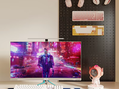 Gaming Computer Setup With Cyberpunk Gaming Monitor Mechanical Keyboards Pink Figurine And Perforated Wall Panel 3d model