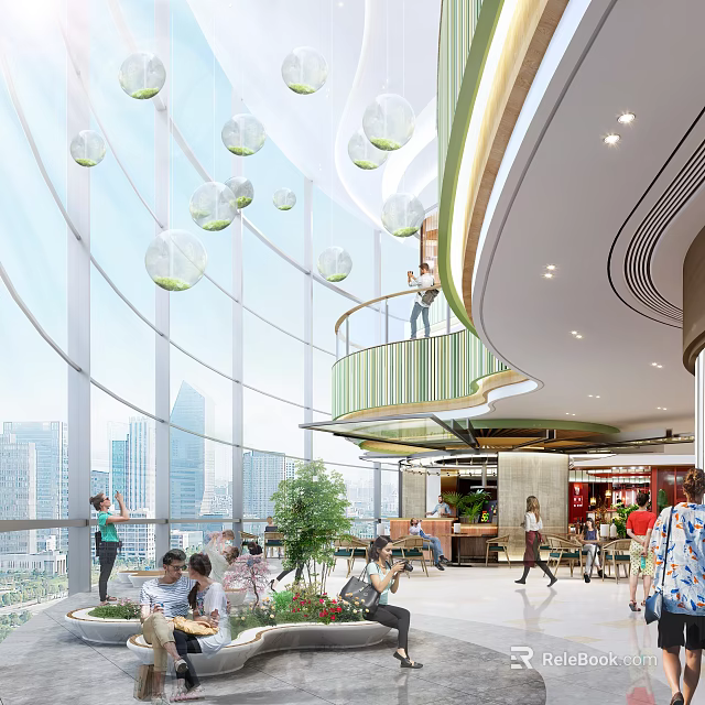 Modern Department Store Interior With Large Glass Windows Hanging Globes Indoor Plants and Customer Shopping 3d model 