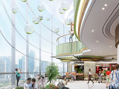 Modern Department Store Interior With Large Glass Windows Hanging Globes Indoor Plants and Customer Shopping 3d model