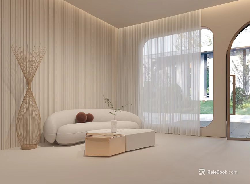 Modern Beauty Hair Salon Interior With Beige Sofa Woven Vase Arched Window And Outdoor View 3d model 